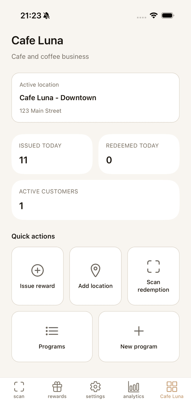 InvitePass merchant dashboard showing location, metrics, and quick actions