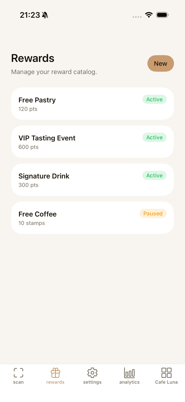 InvitePass reward catalog showing rewards with active and paused status